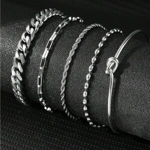 Silver Plated Stainless Steel 5pc Bracelet & Cuff Set
